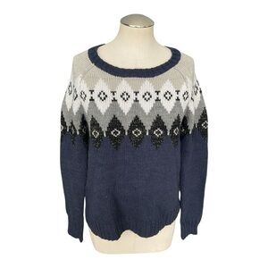 American Eagle Fair Isle Sweater XS Navy Gray White Knit Pullover